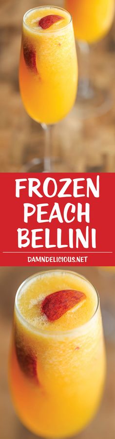 the frozen peach bellini is served in glasses with orange juice and garnish