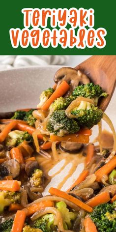 broccoli, carrots and mushrooms are being stirred with teriyaki vegetables