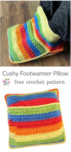 a crocheted pillow is shown with the text, cushy foot warmer pillow free crochet pattern