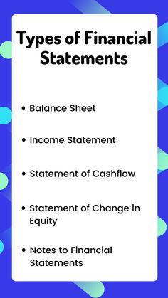 three types of financial statements on a blue and white background with the words balance sheet