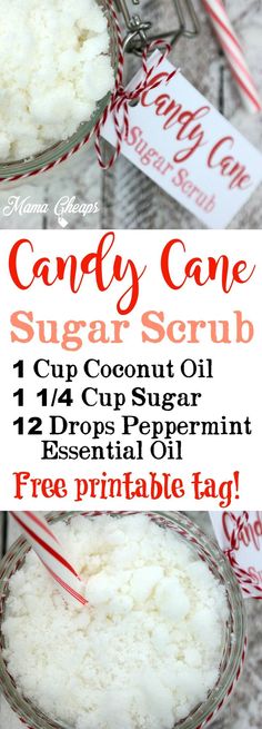 #Peppermint Candy Cane Sugar Scrub + #Free #Printable Tag  http://bit.ly/2hrh92N #DIY Candy Cane Sugar Scrub, Diy Candy Cane, Peppermint Sugar Scrub, Christmas Party Snacks, Diy Sugar Scrub Recipe, Diy Body Scrub Recipes, Peppermint Sugar Scrubs, Diy Christmas Candy, Diy Christmas Party