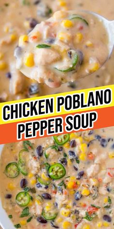 chicken poblano pepper soup in a white bowl with a spoon full of it