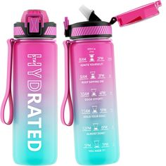 two pink and blue water bottles with the words stay hydrated written on them, one has a straw in it