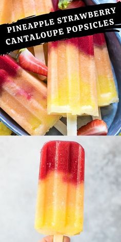 three different popsicles are shown with the words, pineapple strawberry cantaloupe popsicles