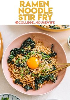 ramen noodle stir fry with an egg on top in a pink bowl next to other dishes