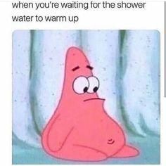 a cartoon character with the caption when you're waiting for the shower water to warm up