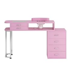 a pink desk with two drawers and a vase on the top, in front of a white background