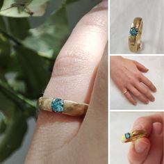 Light Blue Solitaire Diamond Ring, Unique Blue Sparkly Diamond Ring, Unique 14k Gold Diamond