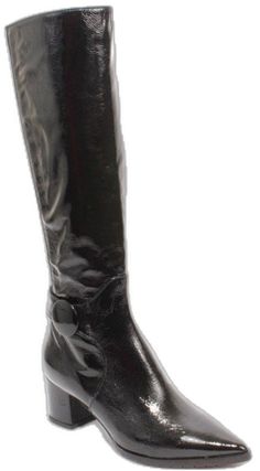 Elegant Shiny Black Evening Boots, Elegant Shiny Black Boots For Evening, Black Calf Leather Boots For Evening, Black Patent Leather Evening Boots, Black Patent Leather Boots For Evening, Black Boots With Leather Lining For Evening, Elegant Black Boots With Leather Lining, Black Leather Evening Boots, Mid High Boots