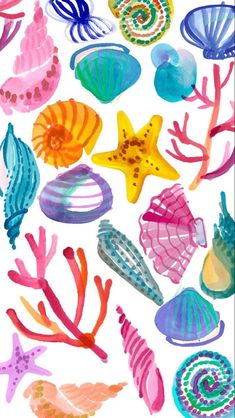 watercolor sea animals and seashells on white paper