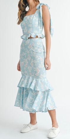 Color: Blue Description: Floral print self shoulder tie ruffle crop top and matching ruffle tier hem midi skirt set. Material 100% POLYESTER Midi Skirt Set, Ruffle Crop Top, Spring Vibes, Dress Gift, One Piece Swimwear, Skirt Set, Jumpsuit Romper, Midi Skirt, Happy Shopping