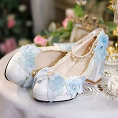 Customized Product. Ship In 5-15 Days. is not eligible for return. Fabric Material: PuColor: WhitePlatform Height: 6cm/2.36" Heels With Flowers, Light Blue Heels, Princess Heels, French Dresses, Magical People, Pink Platform Heels, Pretty Heels, Pink Platform, Halter Dress Short