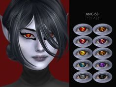 an anime character with red eyes and black hair is shown next to the image of several different colored eyes