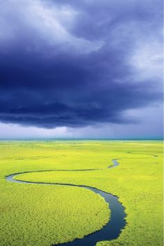 an aerial view of a river in the middle of a green field under a cloudy sky