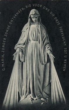 an old black and white photo of the statue of mary loued down with her arms outstretched