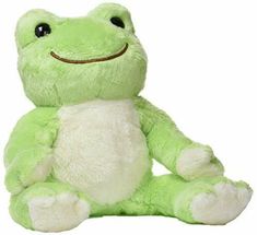 a green frog stuffed animal sitting in front of a white background