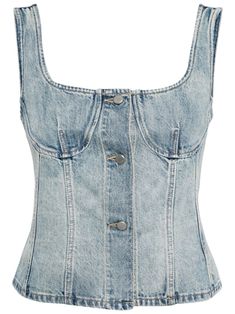 blue cotton-hemp blend corset style square neck front button fastening sleeveless straight hem Casual Sleeveless Denim Blue Corset, Sleeveless Denim Blue Corset, Sleeveless Denim Blue Corset For Summer, Cropped Denim Corset For Summer, Fitted Denim Blue Summer Corset, Fitted Denim Blue Corset For Summer, Denim Blue Summer Corset, Casual Denim Blue Corset For Summer, Casual Denim Blue Summer Corset