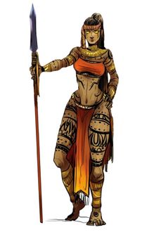 an image of a woman in armor holding a spear and standing with her arm extended