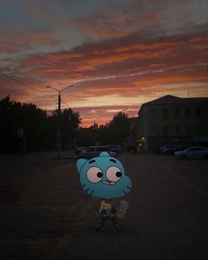 a cartoon character is walking down the street at sunset with cars parked in the background