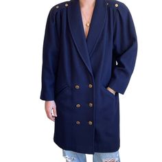 Vintage Womens J Gallery 80s Navy Blue Double Breasted Retro Trench Coat Sz M Will best fit a size M depending on desired drape  100% wool exterior  Fully lined  Color: navy blue  Double breasted  Button front  Gold colored hardware  Collar to hem: 41"  Pit to pit: 21"  Sleeve: 23"  Modeled on a medium/size 6/ 5 foot 7/ 140lbs/ 34 C/ 28" inch waist 28 Inch Waist, Down Coat, Knit Jacket, Hip Length, Medium Size, Double Breasted, Gold Color, Trench Coat, Vintage Ladies