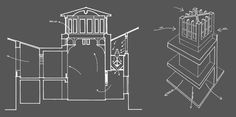 an architectural drawing of a building and its surrounding structure, with the top section cut out