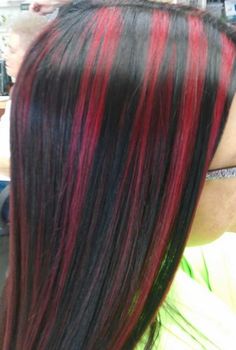 Red Draculaura Hair, Black Hair With Red Stripes, Dark Red Skunk Stripe Hair, Black And Red Striped Hair, Chunky Highlights Red, Red Streaks In Black Hair, Chunky Red Highlights On Dark Hair, Red Stripes Hair, Chunky Colored Highlights