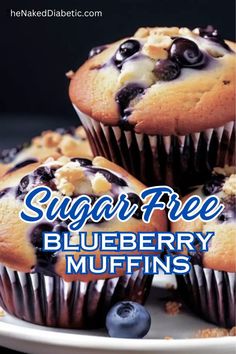 blueberry muffins on a white plate with the title sugar free blueberry muffins