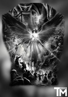 an angel surrounded by many people in black and white, with the words design m above it