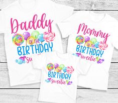 three personalized birthday shirts with balloons and the words, mommy of the birthday sou