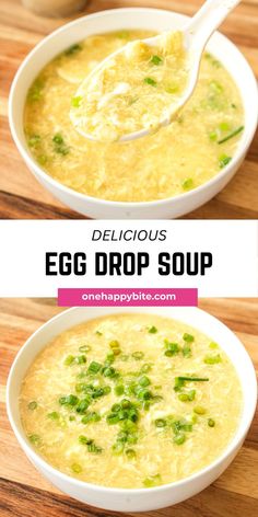 two bowls of egg drop soup on top of a wooden table with text overlay