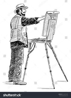 a man is painting on an easel in black and white stock photo royaltyvector