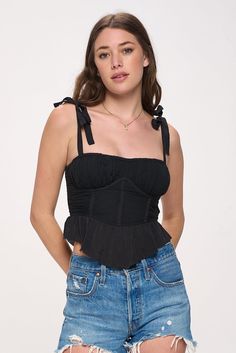 Black Peplum Top Summer Square Neck Corset For Night Out, Summer Night Out Square Neck Corset, Summer Ruched Corset For Night Out, Spring Tie Strap Tops For Night Out, Chic Summer Corset With Square Neck, Summer Ruched Corset With Spaghetti Straps, Chic Square Neck Top With Corset Back, Summer Corset With Spaghetti Straps And Ruched Detail, Chic Square Neck Tops With Corset Back