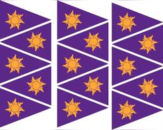 the flags are purple with orange sun designs on them