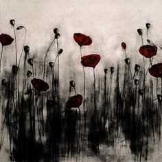 an abstract painting of red flowers in black and white