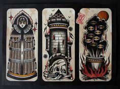 three playing cards with different designs on them