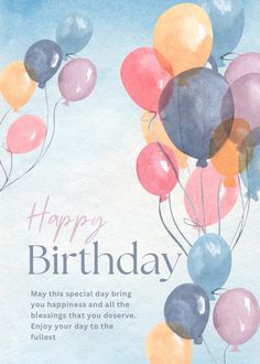 a birthday card with balloons floating in the air