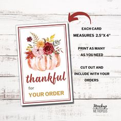 a card with the words, thank you for your order and an image of pumpkins