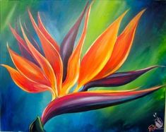 a painting of a bird of paradise flower on a canvas with acrylic paint