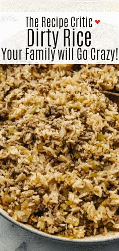 the recipe for dirty rice is in a pan and ready to be eaten with text overlay