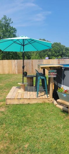 a table with an umbrella in the back yard