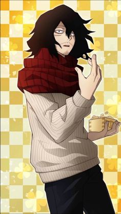 an anime character with black hair and a scarf on holding a cup in his hand