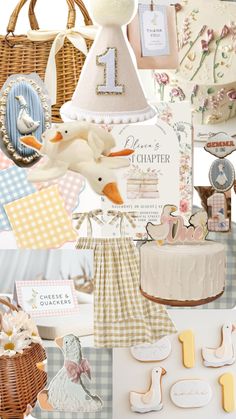 a collage of baby items including a cake and other things