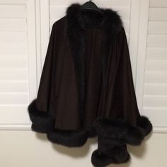 New Without Tags- Never Worn Elegant Brown Outerwear With Faux Fur Trim, Elegant Fur Cape Coat For Fall, Elegant Brown Outerwear For Evening, Elegant Brown Evening Outerwear, Winter Formal Fitted Cape, Formal Fitted Winter Cape, Brown Winter Evening Outerwear, Luxury Formal Cape, Elegant Evening Cape For Winter