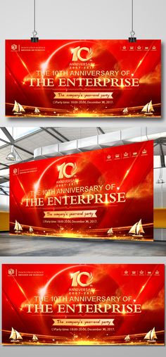 two banners for the 10th anniversary of the enterprise in red and gold colors with an image of