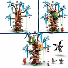 four different views of a tree house made out of legos and toys, including one with