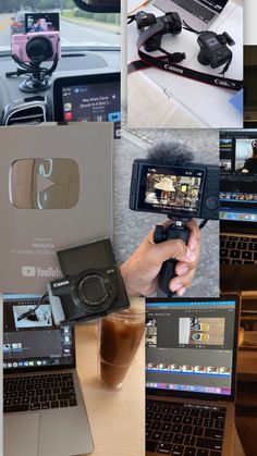 there are many different pictures that include laptops and cameras