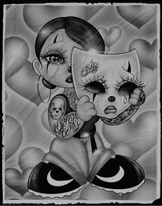 a black and white drawing of a girl with her face painted like a cat mask