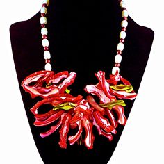 The Garnet Galaxy Statement Necklace - Red Mother-of-Pearl Bib with Red & White Freshwater Pearls (Sterling Silver Toggle Clasp) Wearable Art Jewelry, Garnet Red, Hand Painted Silk Scarf, Crystal Butterfly, Outfit Red, Mother Of Pearl Necklace, Red Necklace, Hand Painted Silk, Flower Petal