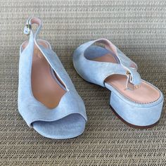 J Crew Slingback Sandals In Suede Misty Peri Light Blue Size 9 Brand New, Stickers On Soles (See Photos For Slight Darkness? On Suede) L5482 Color: Misty Peri (Light Blue) 1" Heel Suede Upper Leather Lining Man-Made Sole Open Toe Sling Back Style "A Breezy Open Toe, Comfortable Slingback And Wear-All-Day Heel In Pretty Pastelit's Like Warm Weather In Shoe Form." J Crew From No Pet No Smoke House Light Blue Sandals With Ankle Strap And Heel Strap, Light Blue Sandals With Heel And Ankle Strap, Light Blue Sandals With Padded Block Heel, Summer Slingback Pumps With Stacked Heel And Closed Toe, Light Blue Block Heel Sandals With Padded Heel, Spring Slingback Pumps With Platform And Open Toe, Spring Platform Slingback Pumps With Open Toe, Blue Open Toe Slingback Sandals For Summer, Light Blue Sandals With Heel Strap And Round Toe