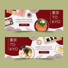 two horizontal banners with sushi and sashi on the sides, one for tokyo to kyo